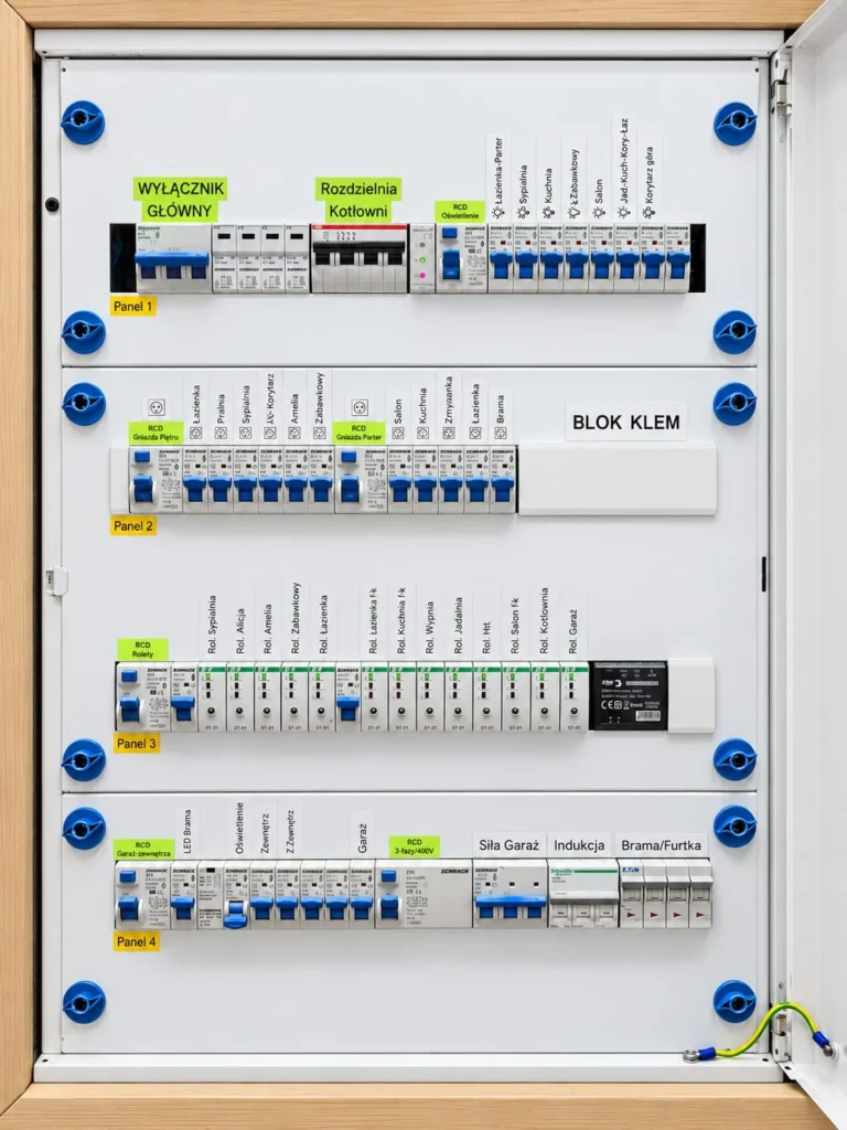 Nowa rozdzielnia elektryczna z opisanymi obwodami i wyłącznikami różnicowoprądowymi w domu w Łańcach